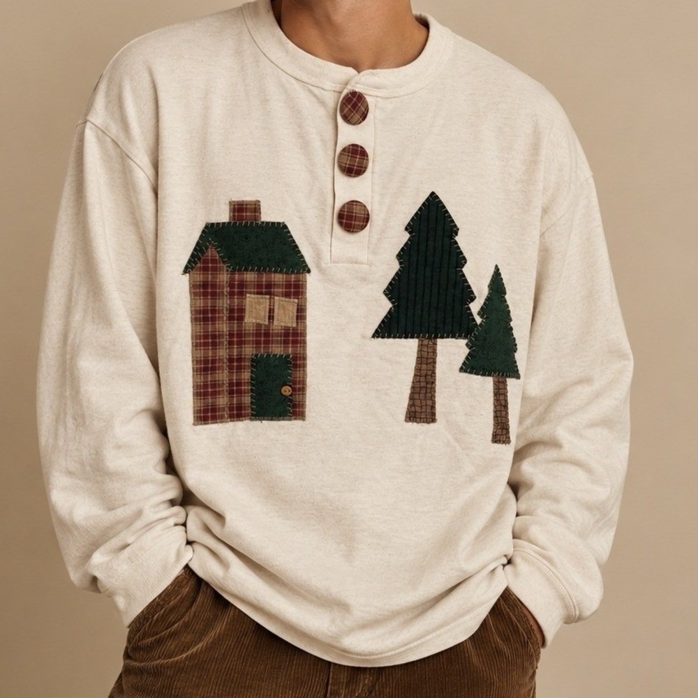 Vintage Cotton Henley Top Cream Cabin Tree Applique Plaid M Fall Christmas